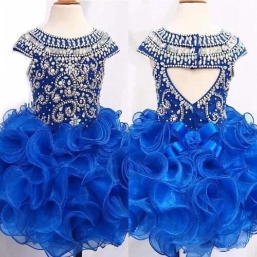 Royal Blue Girls Pageant Dresses Cap Sleeves Beads Crystals Ruffles First Birthday Dress Kids Clothes