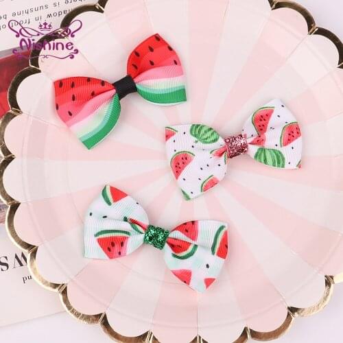 Nishine 7 CM Cute Cartoon Fruits Pattern Bows Bangs Hairpins Fashion Print Ribbon Bowknot Hair Clips Baby Headwear Photo Props
