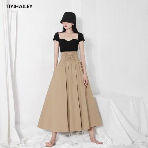 TIYIHAILEY Free Shipping Fashion Long Maxi Skirts For Women Spring Autumn Ladies Skirt S-L A-line Elastic High Waist Black Khaki