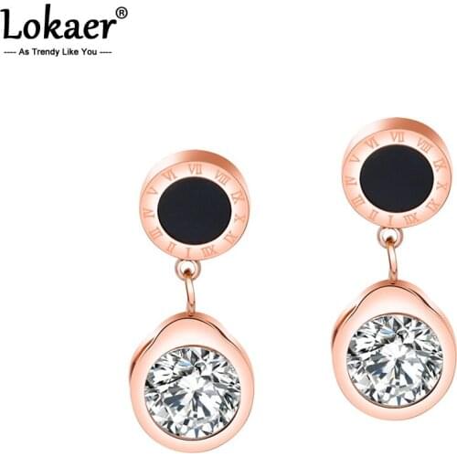 Lokaer Black Circle Design Earrings Stainless Steel Inlaid Cubic Zirconia Roman Numerals Stud Earrings For Women Brincos E17092