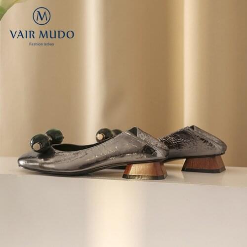 VAIR MUDO Women Pumps Shoes Low Heels Mary Janes Genuine Leather Round Toe String Bead Black Gun Casual Shoes Women D227L