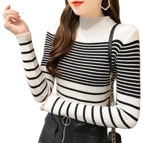 TuangBiang Mock Neck Black White Stripes Knitted Tops Women Slim Cotton Sweater 2021 Autumn Winter Basic Elastic Ribbed Pullover