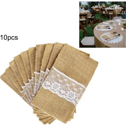 10pcs Christmas Natural Jute Cutlery Holders Knives and Forks Cutlery Set Silverware Bag Holder Burlap Lace Party Wedding Decor