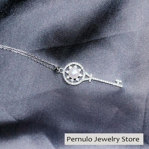 8-9mm Semiround Pearl Key Pendant Necklace S925 Sterling Pendant Chain White/Pink/Purple Pearl Color Lady Gifts