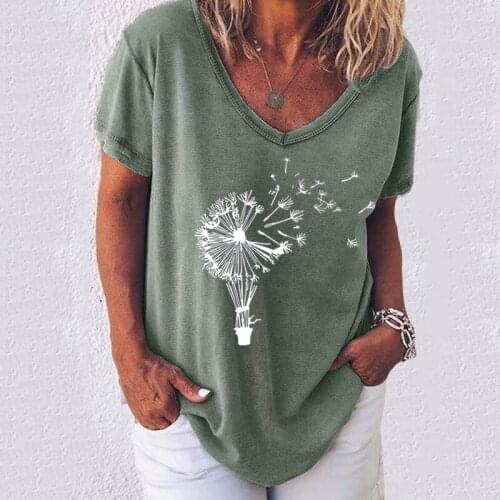 Women Dandelion Print T-shirts Casual V-Neck T-shirt Solid Color Short Sleeve Tops Plus Size Summer Elegant Lady Pullover