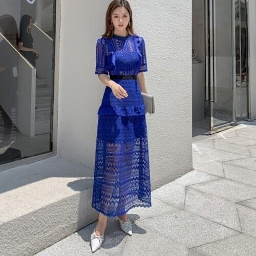 European and American water soluble lace dress hollow stitching embroidery Slim temperament banquet dress long skirt