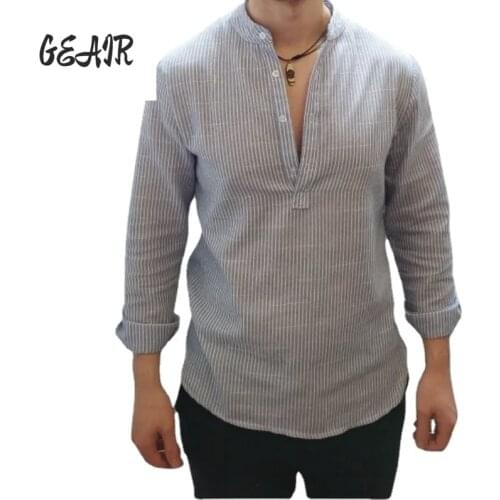 Cotton Long Sleeve Men T Shirts Striped Slim Fit Plus Size 5XL Man Hemp Shirt Mens Dress Shirts Slim Fit Shirt Korean Clothes