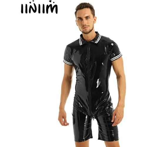 Iiniim Mens Shiny Lingerie Body Latex Catsuit Clubwear Sexy Zipper Open Crotch Romper Wetlook Leotard Bodysuit Bodystocking