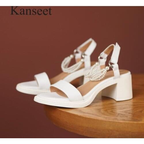 Kanseet Women Sandals 2021 Summer New Arrival Pearls Decoration Handmade Thick High Heels Genuine Leather Party Female Shoes