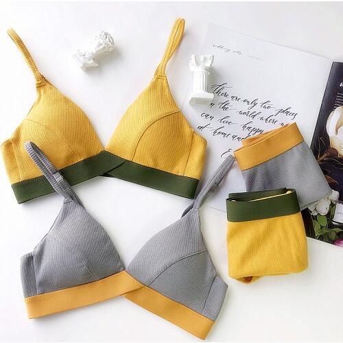 Wriufred Ribbed Cotton Contrast Color Bra Set Comfortable Wire Free Underwear Soft Triangle Cup Lingerie Sets Large Size Bras