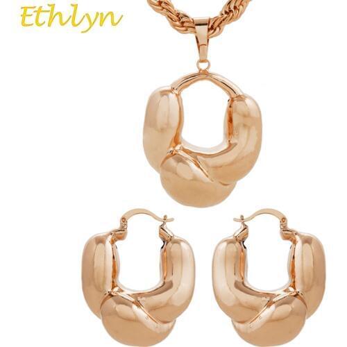 Ethlyn New Arrival Rose Gold Color Nigerian Hollow Hoop Earrings Pendant Two Pcs Sets Womens Wedding Jewelry Sets S188