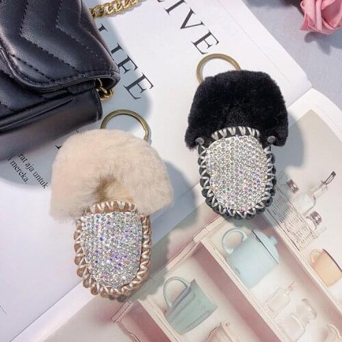Korea lamb hair cute little shoes keychain creative diamond boots plush car key ring bag pendant