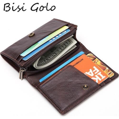 BISI GORO RFID Wallet Genuine Leather Men Wallet Antitheft Scanning Slim Leather Zipper Mini Wallet Case Credit Card Coin Wallet