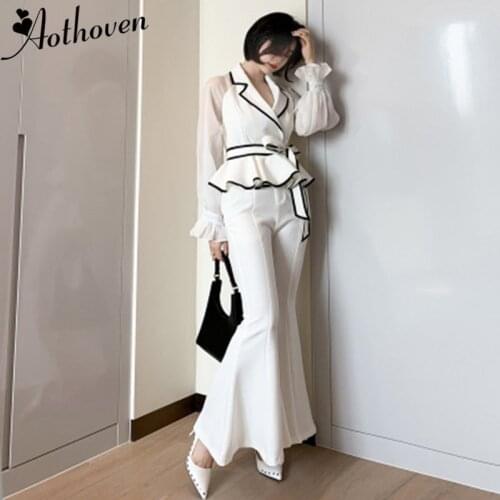 White Women Suit Pants Sets Notched Collar Ruffles Vintage Party Casual Top and Office Elegant Long Bell-bottomed 2 Piece Set
