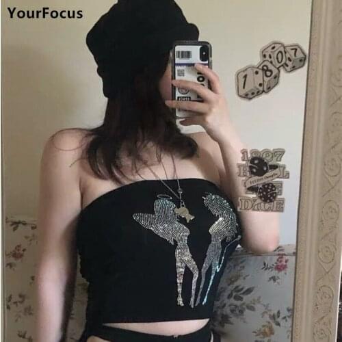 Punk Gothic Y2k Top Angel And Demon Rhinestone Black Tank Crop Top Mujer Women Sexy Short Cropped