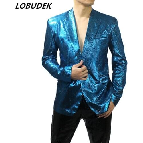 Custom Thin Style Mens Singer Dancer Shinny Silver Blue Blazer One Button Tide Fashion Nightclub Bar Coat Performance Clothes