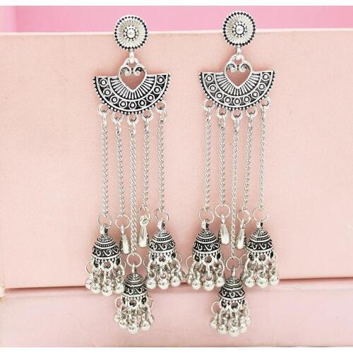 Women Indian Oxidized Jhumka Jhumki Indian Earrings Gold Sliver Dangle Long Tassel Earring Ladies Statement Ears Afghan Jewelry