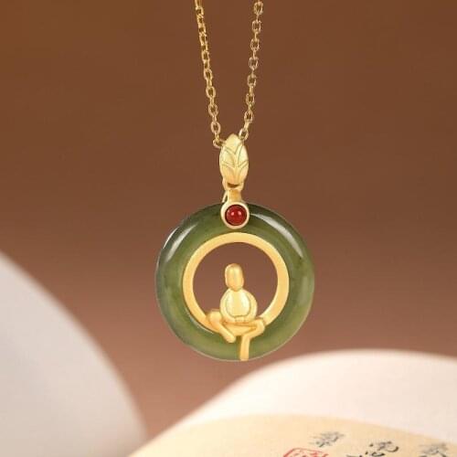 Original S925 Sterling Silver Gold Hetian Jade Jade Buddha Retro Zen Peace Buckle Creative Ladies' Pendant Neck Jewelry