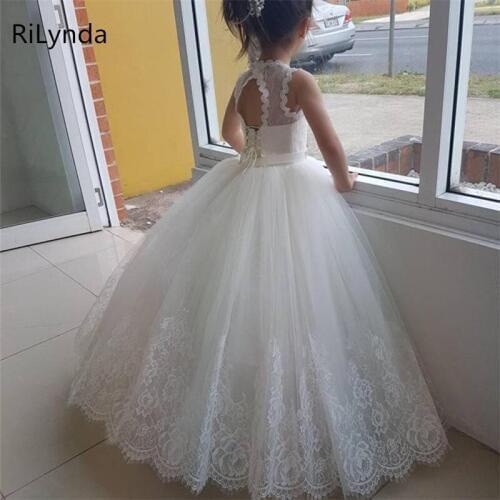 Flower Girls Dresses For Weddings White ivoryLace Ruffles O-neck Ball Gown Sleeveless Knee Length First Communion Pageant Gowns