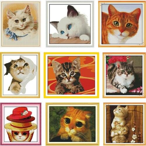 Lovely Cat Stamped Embroidery Cotton Cross Stitch Kits DMC Printed 11CT 14CT Counted Fabric Needlework Decor Thread Canvas Craft