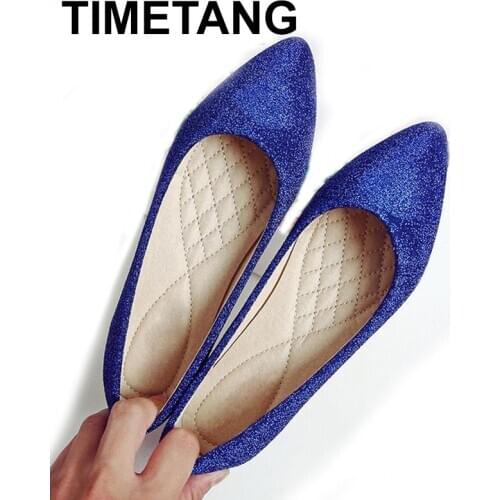 TIMETANG Women Red Sequin Cloth Flat Wedding Shoes Bride Pointed Toe Flats Blue Loafers Ladies Slip On Shallow Comfortable Boat