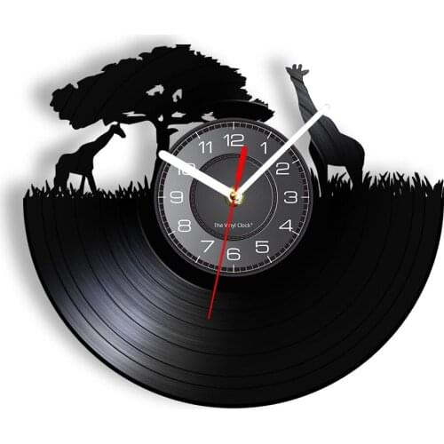 Giraffes Vinyl LP Record Wall Clock African Animal Wildlife Shadow Art Silent Wall Watch Non-Ticking Living Room Retro Art-Decor