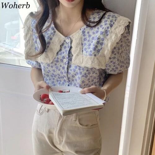 Woherb Puff Sleeve Blouses Women Lace Peter Pan Collar Tops Floral Print 2021 Summer Vintage Korean Blusas Mujer Cute Shirt Ins