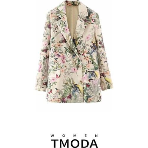 TMODA441 New Women Vintage Flower Print Blazer Coats Office Lady Chic Double Breasted Stylish Casual Outwear Suits Coat Tops