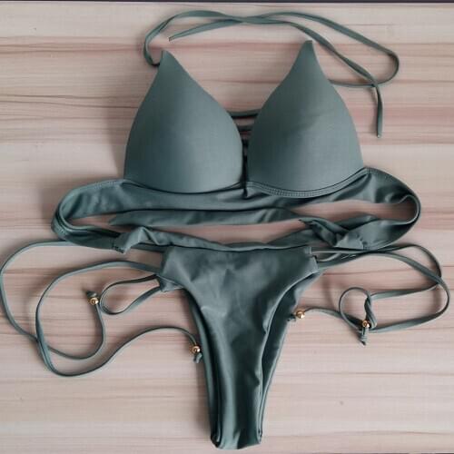 2021 New Swimwear Women High Waist Solid Layer Push Up Hip Lift Bikini Printing Sexy Bra Thong Biquini Swimming Pool Beach Wear