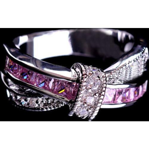 Creative Women Rings Corssed Pink White Gold Filled Ring 7-11 Size Gift for Party Wedding Jewelry