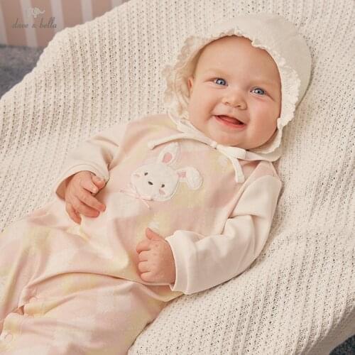 DBH18016 dave bella autumn new born baby girls fashion cartoon plaid jumpsuits infant toddler clothes children romper 1 piece
