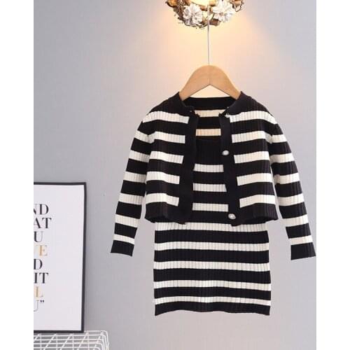 Childrens suit Infant kids winter dresses for girls autumn Knitted stripes coat Sling dress Baby clothes Toddler girl Dress