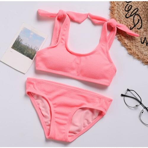 Bow Tie Girl Swimsuit Kids Solid Teenage Girl Bikini Set 7-14 Years Two Piece Childrens Swimwear Padded Girls Bathing Suit 2021