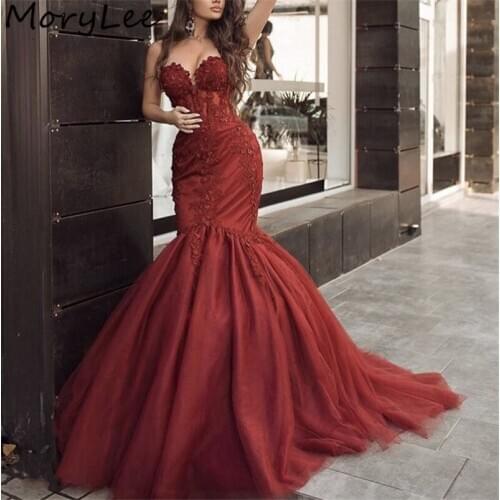 Red Evening Dresses Sweetheart Mermaid Crystal Beaded Lace Applique Soft Tulle Evening Dresses vestidos de fiesta de noche