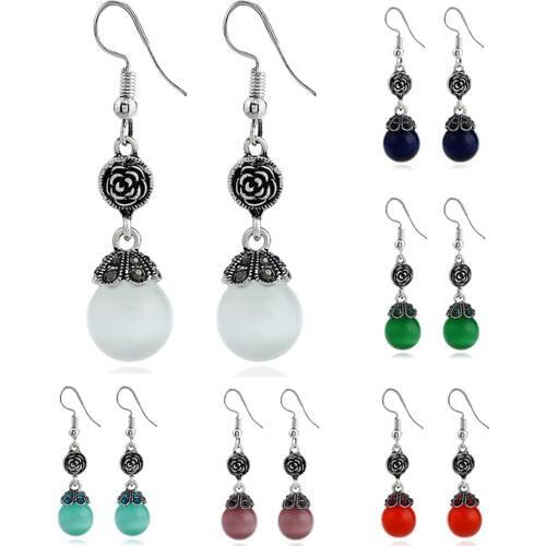 CRLEY Opal Round Dangle Earrings Metal Rose Flower Connect Hanging Bohemia Style Vintage Christmas Jewelry For Women Earrings