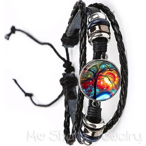 Lucky Black/Brown Leather Tree of Life Bracelet Rock Biker Bangle 20mm Dome Round Glass Cabochon Wonderful Gifts for Friends