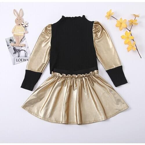 Fashion Autumn Kids Girls Clothes Sets Long Puff Sleeve Knit Pullover Tops Solid A-Line Mini Skirts 1-8Y