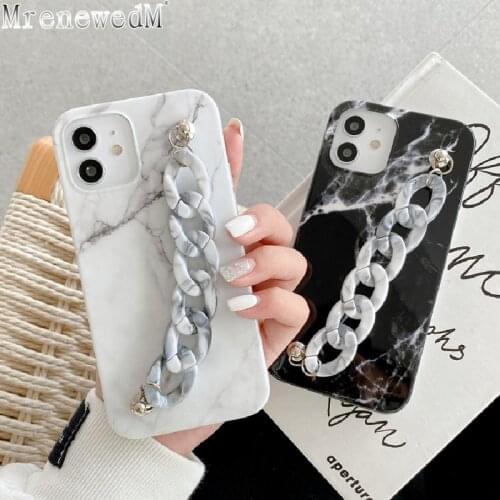 MrenewedM 12 Pro Max Marble Bracelet Phone Case For iPhone 11 XR XS Black White Wrist Chain Soft Silicone Cover On SE2 7 8 Plus