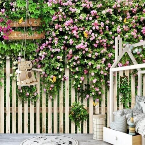 Mural wallpaper 3d Mediterranean park plank fence roses photo wall papers cafe restaurant living room home decor papel de parede
