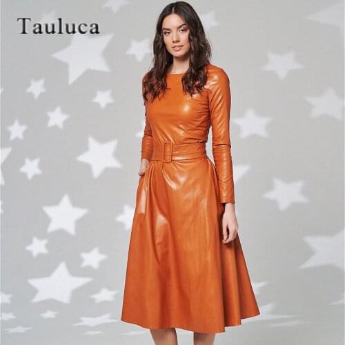 Long Sleeve High Quality Faux PU Leather Autumn Winter A Line Dress Women Slim Office Lady Fashion Formal Dress Belted Plus Size