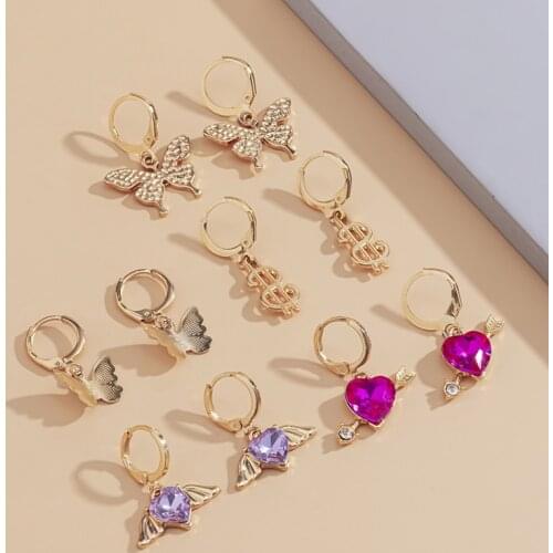 5Pair/Set Sweet Gold Butterfly Crystal Heart Angel Dangle Earrings for Women Geometric Statement Earrings Party Jewelry Gift