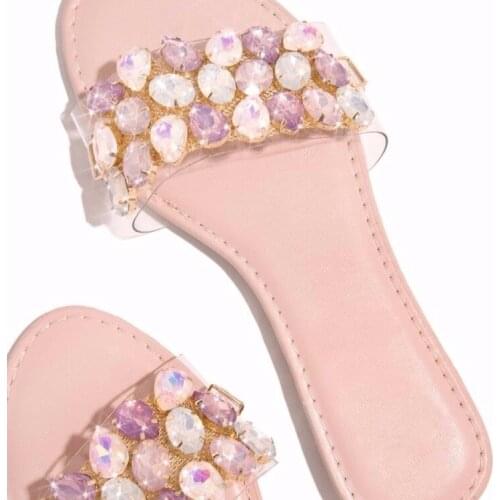 Round Head Flat-shaped Rhinestone Slippers Women Sandals Slippers Large Size Flat Sandals and