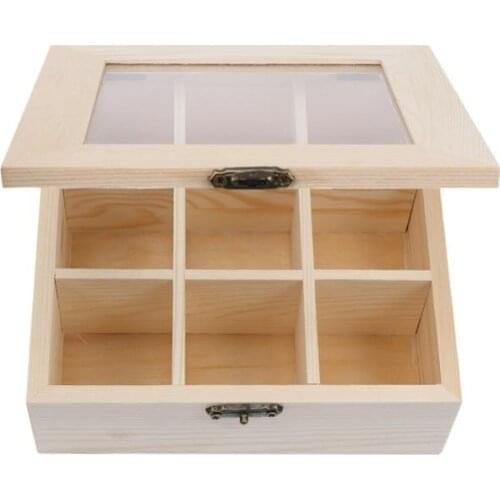 Coffee Storage Box Organizer Wooden Tea Box with 9-Compartment and Glass Window Tea Coffee Display Case Tea Bag Chest No Letters