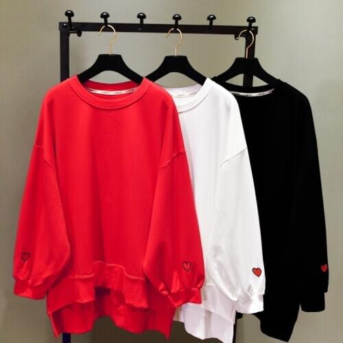 Pink Embroidery Heart Sweatshirt Pullover Fashion Women 2020 Spring Autumn Elegant Korean Sweatshirt Irreuglar Tops LT217S30