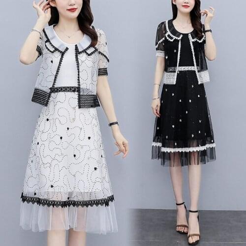 Plus Size Womens 2021 Summer Set Fashion Sunscreen Mesh Embroidery Dress Korean Two Piece Suit Spliced Chic Lady Outfits zh1290
