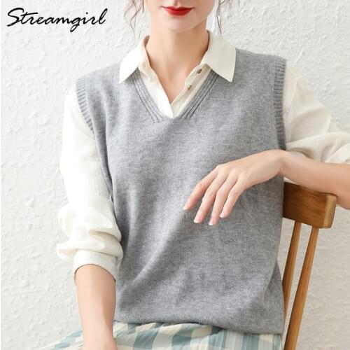 Streamgirl Knitted Sweater Vest Women Jumper V Neck Pullovers Spring Sleeveless Sweater Woman Tops White Vest For Women 2021