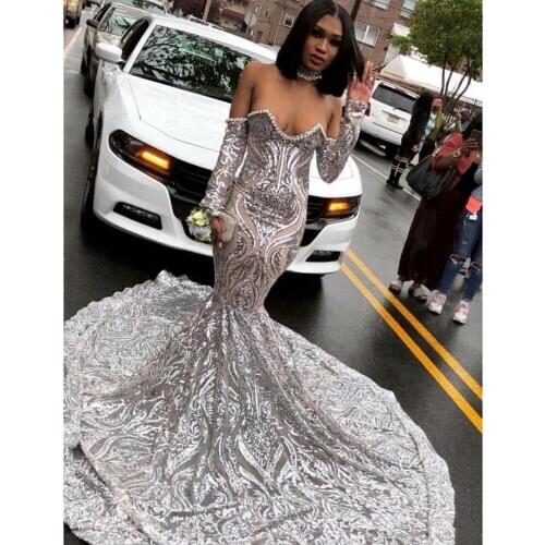 2019 Sexy Siver Prom Dresses Off The Shoulder Long Sleeves Court Train Mermaid Black Girls Evening Gowns Plus Size DP0492