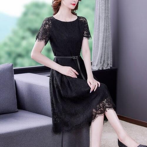Women Vintage Black Lace Sexy Midi Short Sleeve Dress Summer Casual Plus Size Solid Sundress 2021 Elegant Bodycon Party Vestidos