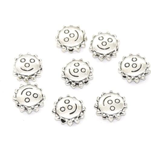 10pcs Antique Silver Plated Smile Face Charms Alloy Metal Sun 1mm Hole Beads For DIY Handmade Accessories Jewelry Making 11*11mm