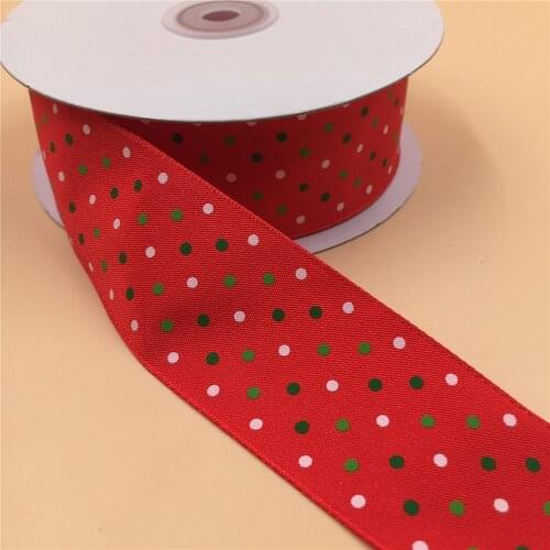38mm 25Yards Wired Red Ribbons with green and white dots for Christmas Webbing Decoration New Year Gift Wrapping 1-1/2"
